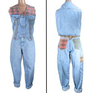 Stefano Large/10 90s Vintage Denim Plaid Patchwork 2-Piece Vest & Jeans